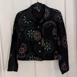Vintage Carole Little Womens Short Jacket LARGE PET Embroidered Boho Linen Artsy